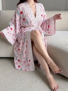 Dazy Plus Floral Print Happy Puppy Pattern Patchwork Contrast Loose Plus Size Women's Spring/Summer Nightgown - Pink - View 2