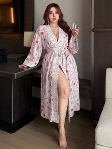 Dazy Plus Floral Print Happy Puppy Pattern Patchwork Contrast Loose Plus Size Women's Spring/Summer Nightgown - Pink - View 3
