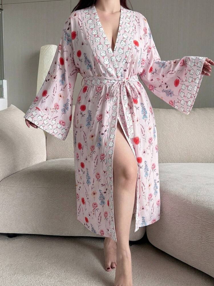 Dazy Plus Floral Print Happy Puppy Pattern Patchwork Contrast Loose Plus Size Women's Spring/Summer Nightgown - Pink - View 1