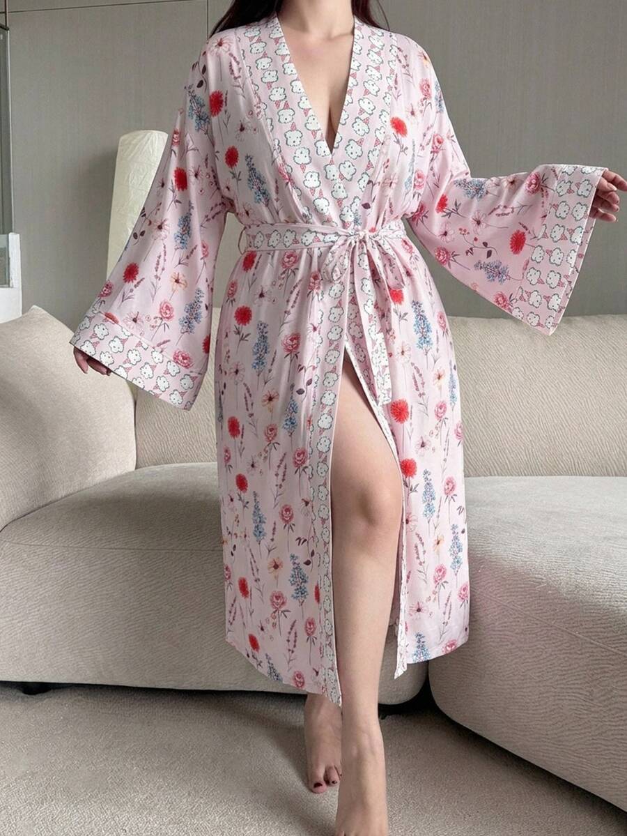 Dazy Plus Floral Print Happy Puppy Pattern Patchwork Contrast Loose Plus Size Women's Spring/Summer Nightgown - Pink - View 1