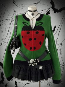 Sunspun Plus Size Women's Vintage Cute Seven-Star Ladybug Insect Jacquard Colorblock Front Zipper Design Waist-Cinching Knit Cardigan, Long Sleeve Dropped Shoulder Soft Girly Style Niche Personalized Casual Outerwear Top Spring Autumn Winter Versatile Slimming Zipper Knit Cardigan - Green - View 1
