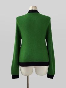 Sunspun Plus Size Women's Vintage Cute Seven-Star Ladybug Insect Jacquard Colorblock Front Zipper Design Waist-Cinching Knit Cardigan, Long Sleeve Dropped Shoulder Soft Girly Style Niche Personalized Casual Outerwear Top Spring Autumn Winter Versatile Slimming Zipper Knit Cardigan - Green - View 2