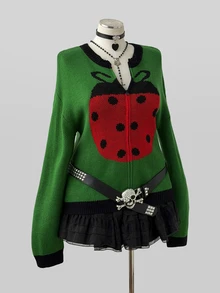 Sunspun Plus Size Women's Vintage Cute Seven-Star Ladybug Insect Jacquard Colorblock Front Zipper Design Waist-Cinching Knit Cardigan, Long Sleeve Dropped Shoulder Soft Girly Style Niche Personalized Casual Outerwear Top Spring Autumn Winter Versatile Slimming Zipper Knit Cardigan - Green - View 5