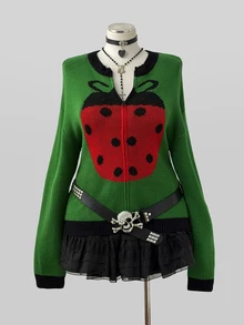 Sunspun Plus Size Women's Vintage Cute Seven-Star Ladybug Insect Jacquard Colorblock Front Zipper Design Waist-Cinching Knit Cardigan, Long Sleeve Dropped Shoulder Soft Girly Style Niche Personalized Casual Outerwear Top Spring Autumn Winter Versatile Slimming Zipper Knit Cardigan - Green - View 8