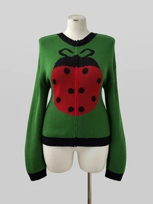 Sunspun Plus Size Women's Vintage Cute Seven-Star Ladybug Insect Jacquard Colorblock Front Zipper Design Waist-Cinching Knit Cardigan, Long Sleeve Dropped Shoulder Soft Girly Style Niche Personalized Casual Outerwear Top Spring Autumn Winter Versatile Slimming Zipper Knit Cardigan - Green - View 7