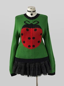 Sunspun Plus Size Women's Vintage Cute Seven-Star Ladybug Insect Jacquard Colorblock Front Zipper Design Waist-Cinching Knit Cardigan, Long Sleeve Dropped Shoulder Soft Girly Style Niche Personalized Casual Outerwear Top Spring Autumn Winter Versatile Slimming Zipper Knit Cardigan - Green - View 3