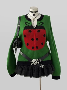 Sunspun Plus Size Women's Vintage Cute Seven-Star Ladybug Insect Jacquard Colorblock Front Zipper Design Waist-Cinching Knit Cardigan, Long Sleeve Dropped Shoulder Soft Girly Style Niche Personalized Casual Outerwear Top Spring Autumn Winter Versatile Slimming Zipper Knit Cardigan - Green - View 4