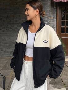 FRIFUL Women's Autumn/Winter Letter Graphic Color Block Zipper Front Jacket Women Coats - Black - View 7
