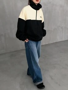 FRIFUL Women's Autumn/Winter Letter Graphic Color Block Zipper Front Jacket Women Coats - Black - View 2