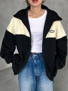 FRIFUL Women's Autumn/Winter Letter Graphic Color Block Zipper Front Jacket Women Coats - Black - View 3