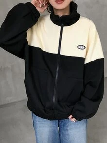 FRIFUL Women's Autumn/Winter Letter Graphic Color Block Zipper Front Jacket Women Coats - Black - View 4