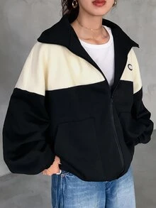 FRIFUL Women's Autumn/Winter Letter Graphic Color Block Zipper Front Jacket Women Coats - Black - View 1
