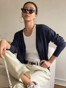 DAZY Drop Shoulder Button Up Cardigan,Long Sleeve Tops,Fall Clothes - Navy Blue - View 9