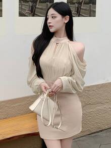 DAZY Women Back To School Short Dress,Ruffle,Fall Clothes Long Sleeve Dress - Apricot - View 2