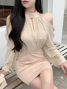 DAZY Women Back To School Short Dress,Ruffle,Fall Clothes Long Sleeve Dress - Apricot - View 3