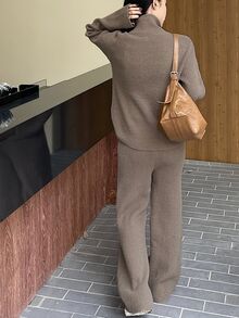 DAZY 2 Pieces Set Women Solid Cardigan Sweater And Wide Leg Pants Fall - Khaki - View 2
