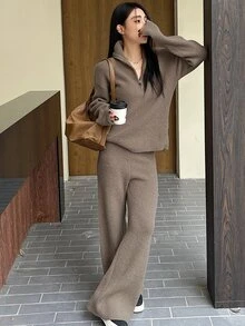 DAZY 2 Pieces Set Women Solid Cardigan Sweater And Wide Leg Pants Fall - Khaki - View 8