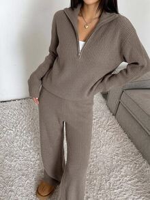 DAZY 2 Pieces Set Women Solid Cardigan Sweater And Wide Leg Pants Fall - Khaki - View 10