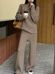 DAZY 2 Pieces Set Women Solid Cardigan Sweater And Wide Leg Pants Fall - Khaki - View 6
