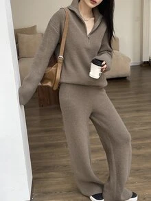 DAZY 2 Pieces Set Women Solid Cardigan Sweater And Wide Leg Pants Fall - Khaki - View 5