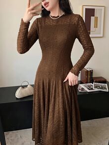 Modelyn Women's Hollow Out Slim Fit Elegant Romantic Charming Mid-Length Dress Date Brown Autumn - Brown - View 4