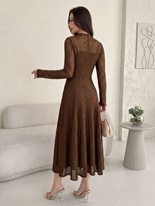 Modelyn Women's Hollow Out Slim Fit Elegant Romantic Charming Mid-Length Dress Date Brown Autumn - Brown - View 2
