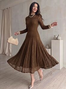 Modelyn Women's Hollow Out Slim Fit Elegant Romantic Charming Mid-Length Dress Date Brown Autumn - Brown - View 6