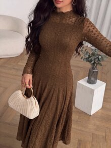 Modelyn Women's Hollow Out Slim Fit Elegant Romantic Charming Mid-Length Dress Date Brown Autumn - Brown - View 5