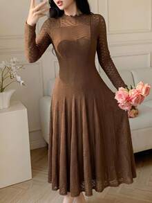 Modelyn Women's Hollow Out Slim Fit Elegant Romantic Charming Mid-Length Dress Date Brown Autumn - Brown - View 1