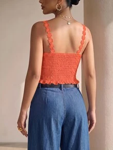 SHEIN Clasi 夏季休閒性感純色蕾絲修身背心，適合外出、夜晚聚會、度假、約會之夜，橘紅色 - 橘色 - 查看 8