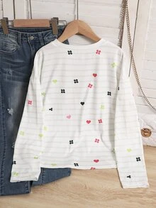 SHEIN Tween Girls Long Striped Kids Colorful Heart Print T-Shirt, Casual Everyday Versatile - White - View 2