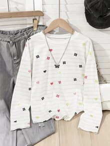 SHEIN Tween Girls Long Striped Kids Colorful Heart Print T-Shirt, Casual Everyday Versatile - White - View 1