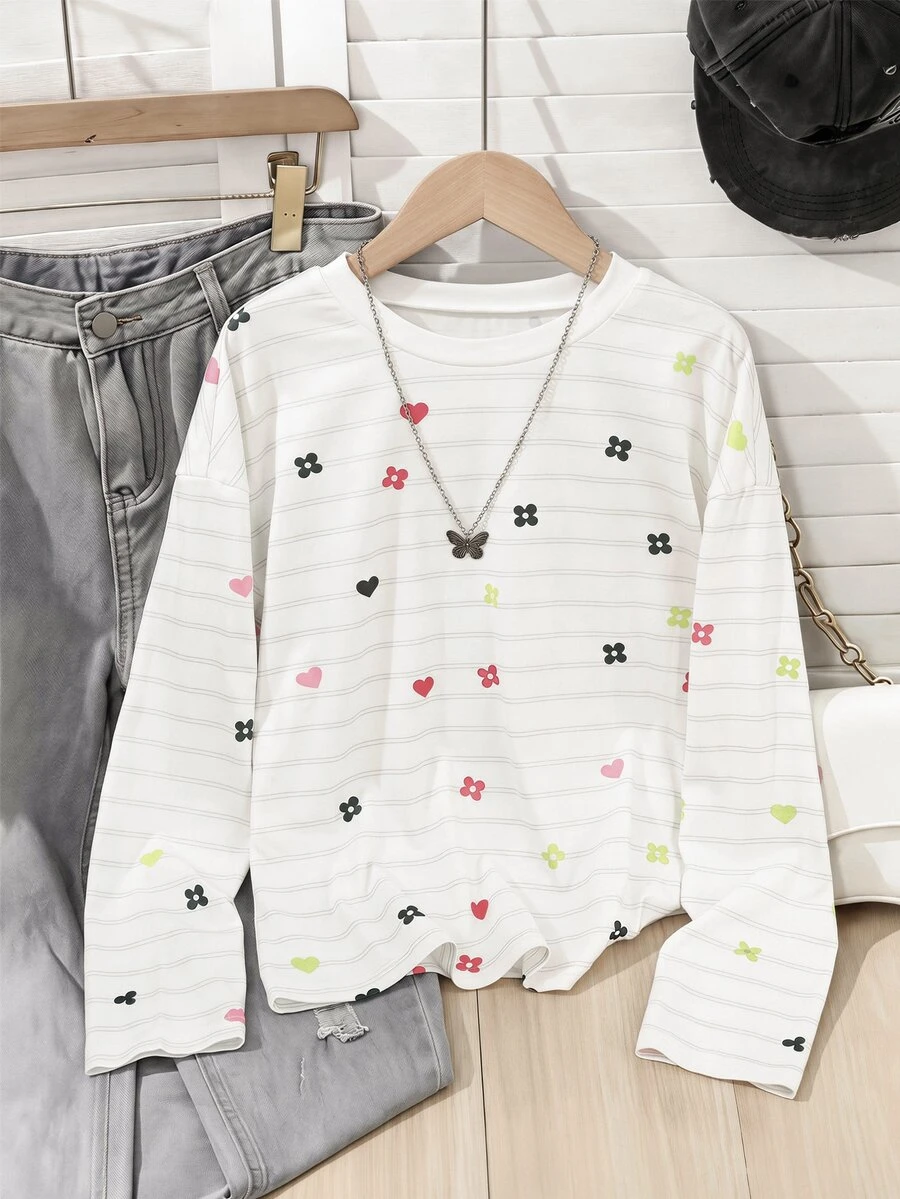 SHEIN Tween Girls Long Striped Kids Colorful Heart Print T-Shirt, Casual Everyday Versatile - White - View 1