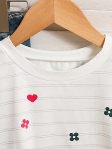 SHEIN Tween Girls Long Striped Kids Colorful Heart Print T-Shirt, Casual Everyday Versatile - White - View 3