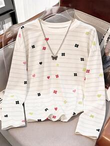 SHEIN Tween Girls Long Striped Kids Colorful Heart Print T-Shirt, Casual Everyday Versatile - White - View 6