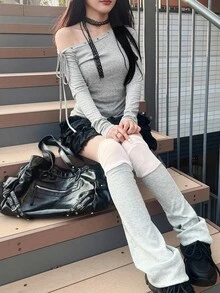 FRIFUL Women's Solid Color Eyelet Asymmetric Shoulder Tie Design Long Sleeve Fashion T-Shirt Fall - Grey - View 6