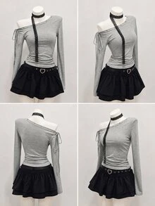 FRIFUL Women's Solid Color Eyelet Asymmetric Shoulder Tie Design Long Sleeve Fashion T-Shirt Fall - Grey - View 3