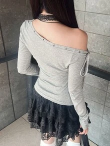 FRIFUL Women's Solid Color Eyelet Asymmetric Shoulder Tie Design Long Sleeve Fashion T-Shirt Fall - Grey - View 4