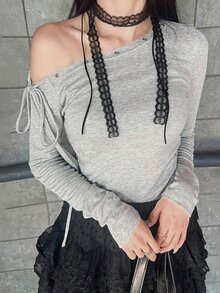 FRIFUL Women's Solid Color Eyelet Asymmetric Shoulder Tie Design Long Sleeve Fashion T-Shirt Fall - Grey - View 5