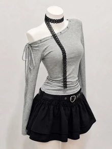 FRIFUL Women's Solid Color Eyelet Asymmetric Shoulder Tie Design Long Sleeve Fashion T-Shirt Fall - Grey - View 9