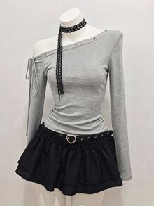 FRIFUL Women's Solid Color Eyelet Asymmetric Shoulder Tie Design Long Sleeve Fashion T-Shirt Fall - Grey - View 2