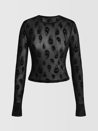 Goth Top de mujer ajustado de tul con estampado de calavera y cara de fantasma gótico oscuro para Halloween