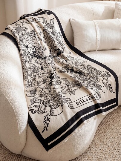 1pc Faux Cashmere Black Bohemian Floral & Butterfly Patterned Throw Blanket, Warm, Shawl For Office Sofa, Bed, Outdoor Picnic, Pet Cover, Simple Gift For Daily Use