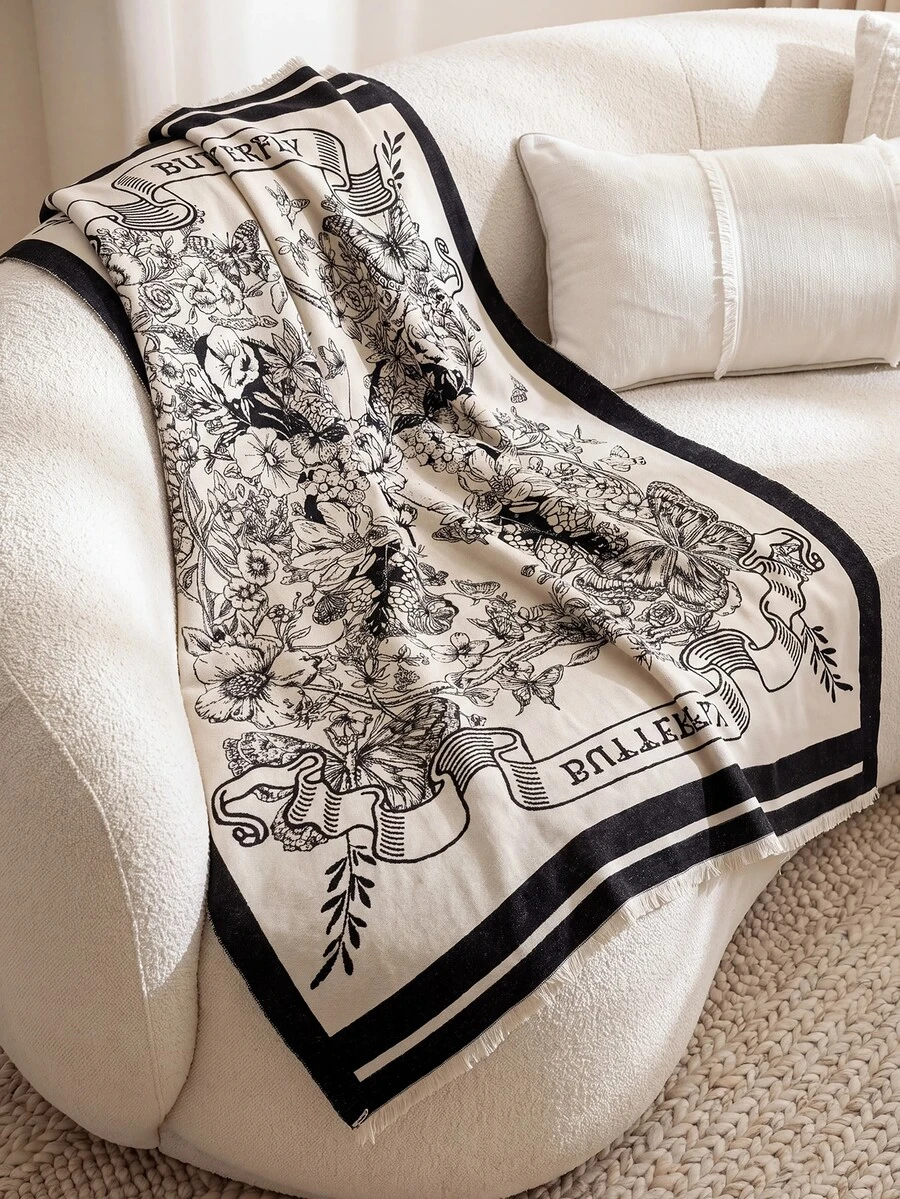 1pc Faux Cashmere Black Bohemian Floral & Butterfly Patterned Throw Blanket, Warm, Shawl For Office Sofa, Bed, Outdoor Picnic, Pet Cover, Simple Gift For Daily Use - Multicolor - View 1