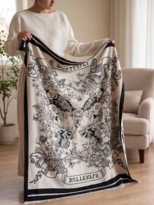 1pc Faux Cashmere Black Bohemian Floral & Butterfly Patterned Throw Blanket, Warm, Shawl For Office Sofa, Bed, Outdoor Picnic, Pet Cover, Simple Gift For Daily Use - Multicolor - View 5