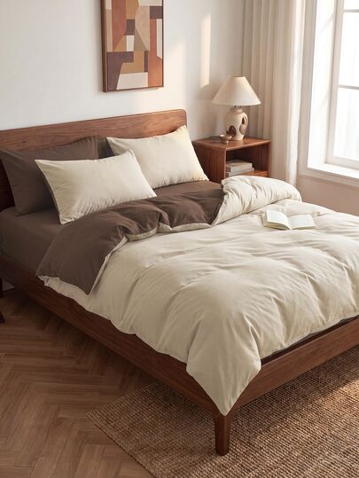 3pcs Khaki Deep Brown Bedding Set, 1 Duvet Cover And 2 Pillowcases, Dorm Bedding For Boys And Girls, Minimalist Fashion Home Decor, Soft And Comfortable Bedroom Bedding, Fashionable Set, Machine Washable, No Filling
