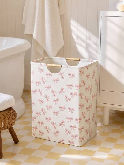 1pc Bow Print Laundry Basket, 52*36.5*24.5cm Large Capacity Fabric Dirty Clothes Storage Bin, Bedroom Decor Laundry Hamper, Bathroom Socks & Toy Organizer