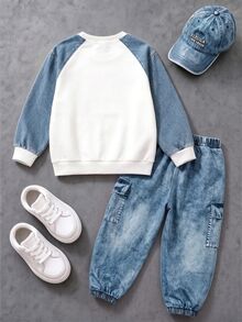 Boys (Small) Sweatshirt Set, White And Blue Colorblock Crew Neck Sweatshirt With Ribbed Collar, Cuffs And Hem, Large Frayed Patchwork Effect Number 67 Print On Chest, Blue Denim-Like Cargo Jogger Pants With Large 3D Cargo Pockets On Both Sides, Overall Blue And White Color Scheme, Fresh And Unified Tone - Multicolor - View 2
