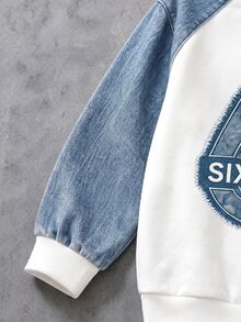 Boys (Small) Sweatshirt Set, White And Blue Colorblock Crew Neck Sweatshirt With Ribbed Collar, Cuffs And Hem, Large Frayed Patchwork Effect Number 67 Print On Chest, Blue Denim-Like Cargo Jogger Pants With Large 3D Cargo Pockets On Both Sides, Overall Blue And White Color Scheme, Fresh And Unified Tone - Multicolor - View 5