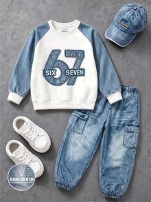 Boys (Small) Sweatshirt Set, White And Blue Colorblock Crew Neck Sweatshirt With Ribbed Collar, Cuffs And Hem, Large Frayed Patchwork Effect Number 67 Print On Chest, Blue Denim-Like Cargo Jogger Pants With Large 3D Cargo Pockets On Both Sides, Overall Blue And White Color Scheme, Fresh And Unified Tone - Multicolor - View 3